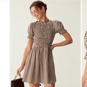 Coffee Brown Plaid Puffed Sleeve Mini Dress